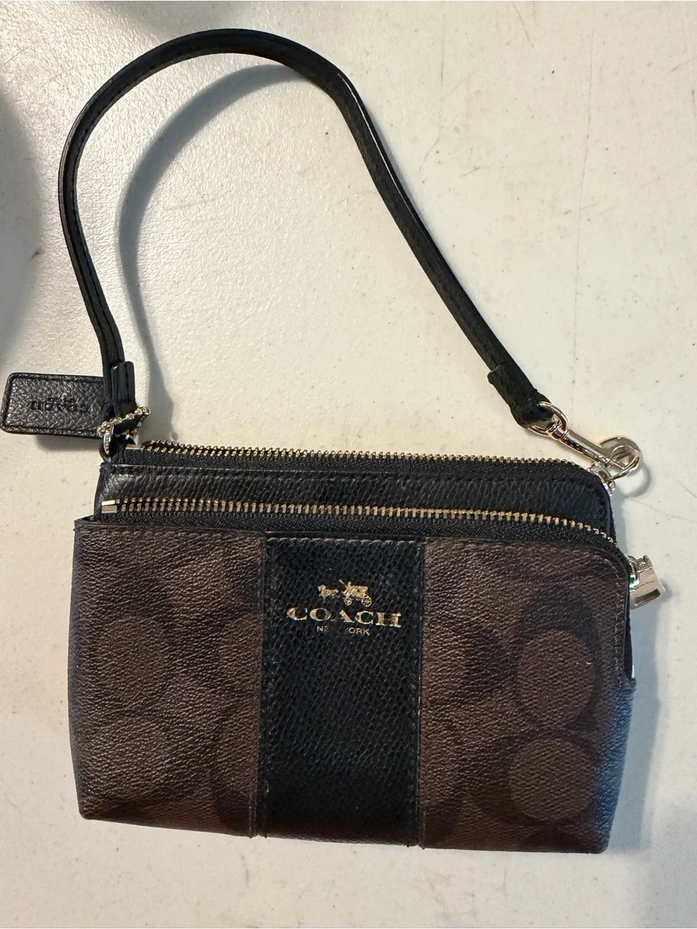 Coach Brown Signature Small Wristlet with Black Trim